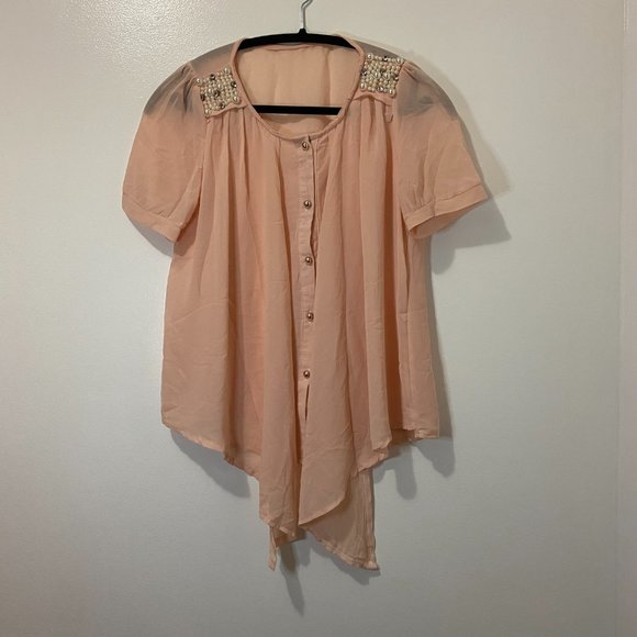 Peach chiffon pearl shoulder front-tie top - Picture 2 of 3